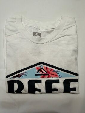 Reef White Tee with Black Logo and Pink Floral Accent